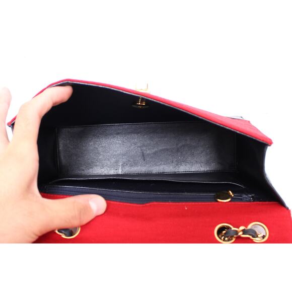 Chanel Double Chain Shoulder Bag Quilted Red Jersey Handbag Leather A4033 - Picture 4 of 12